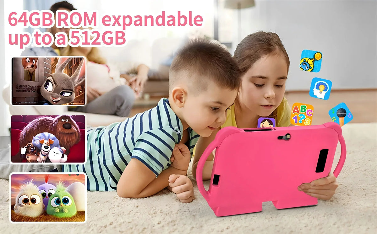 A child is using a pink tablet for learning, with various animal-themed icons visible.