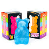 A blue gummy bear squeeze toy is shown in its box, with colorful packaging visible.