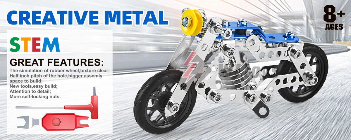 A blue and silver metal building motorcycle construction kit with wheels and engine components shown on a white background.