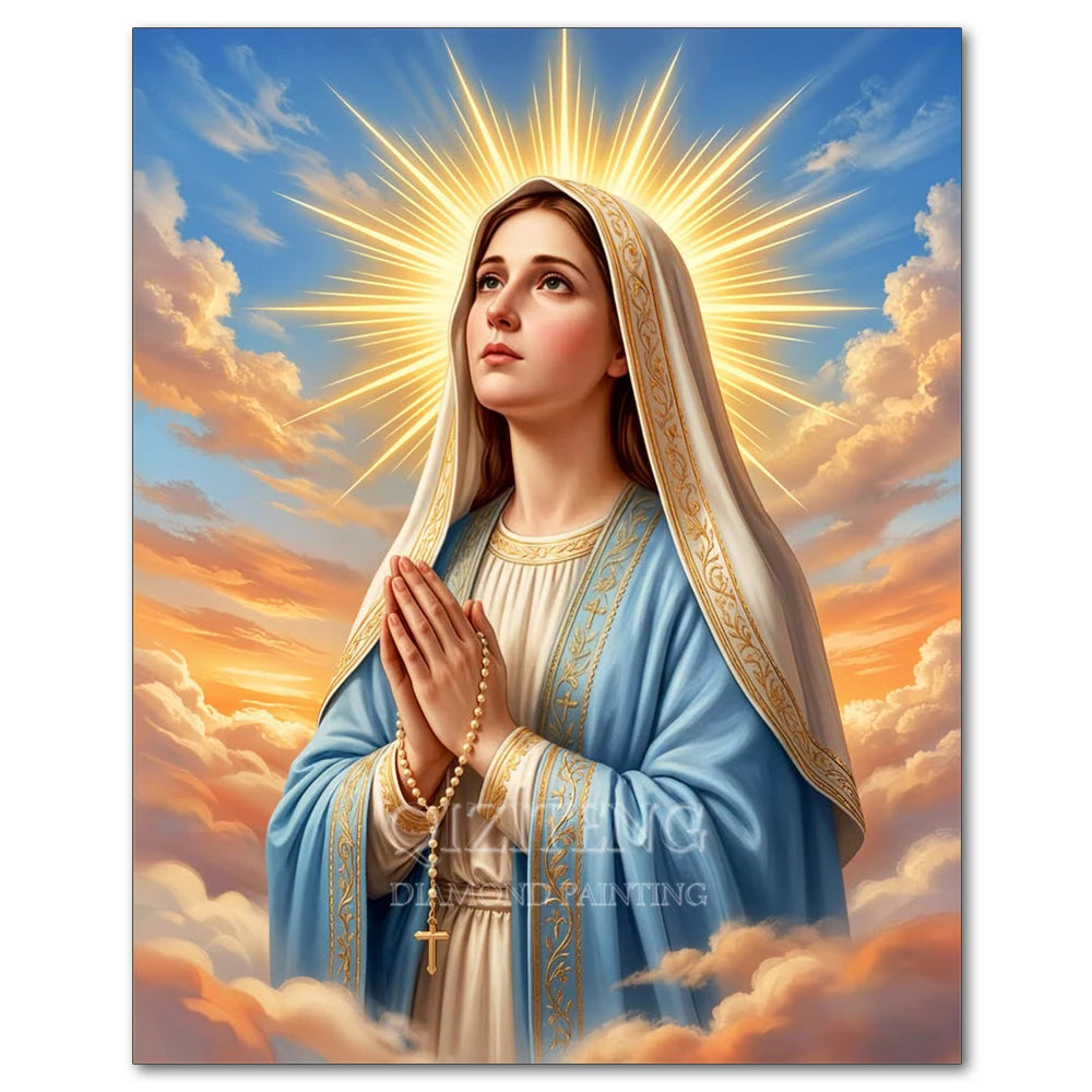 Diamond painting of Jesus and Virgin Mary with a radiant halo against a cloudy sky