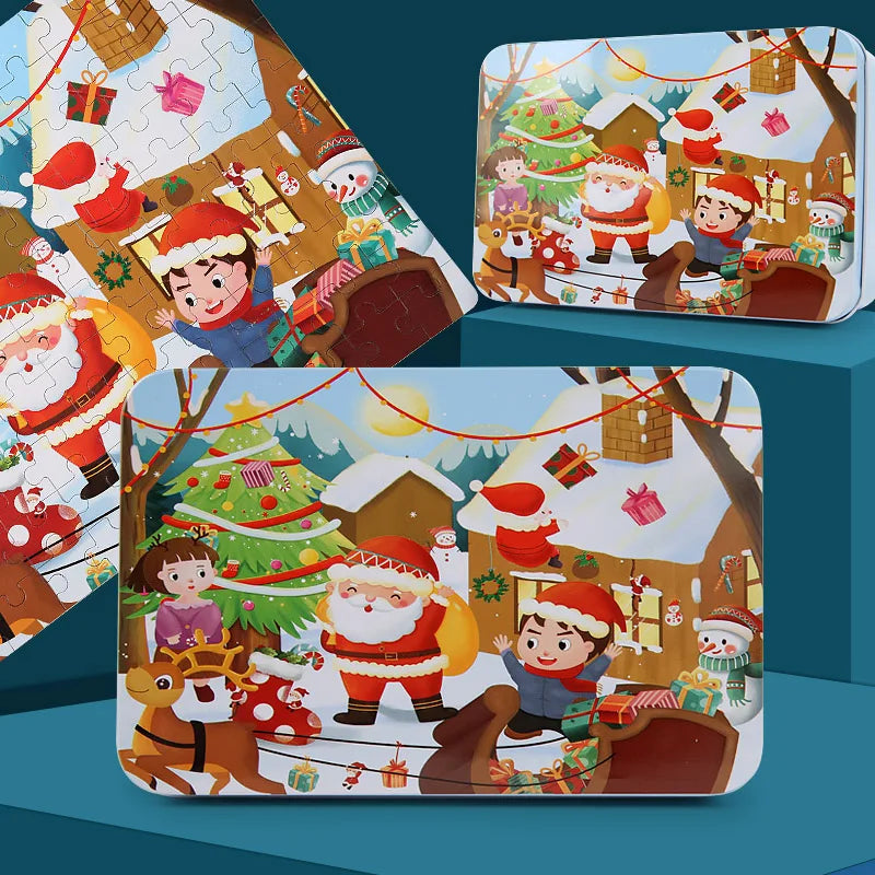 A set of wooden animal and vehicle jigsaw puzzles featuring Christmas characters like Santa Claus and reindeer.
