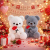 A white and gray plush bear gift set surrounded by red roses and hearts for Valentine's Day
