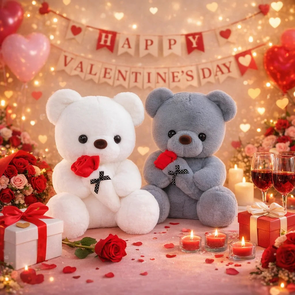 A white and gray plush bear gift set surrounded by red roses and hearts for Valentine's Day