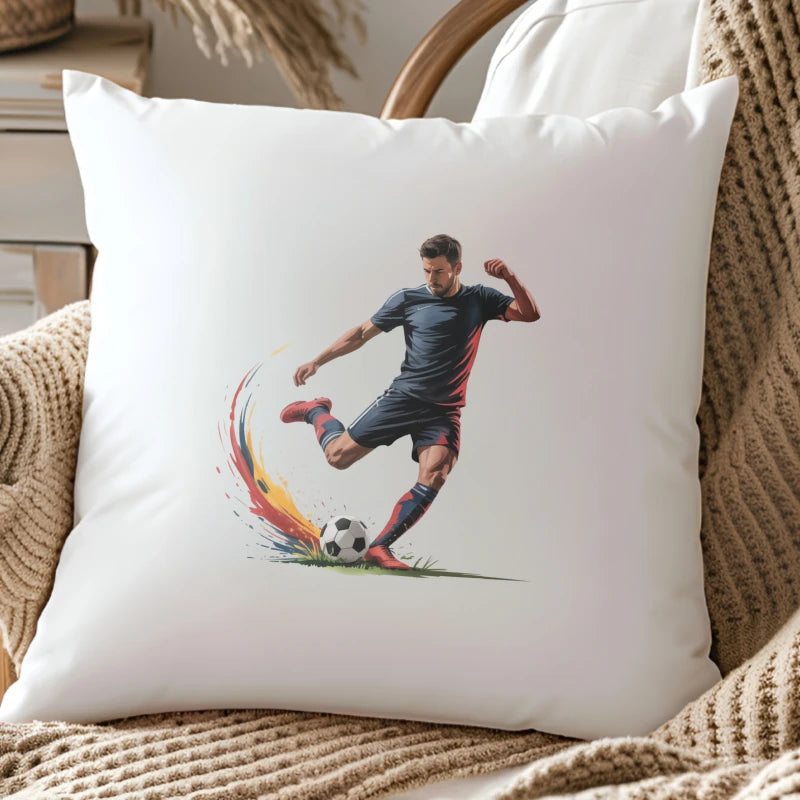 A graphic design featuring a soccer player kicking a ball with a splash of color on a white pillow.