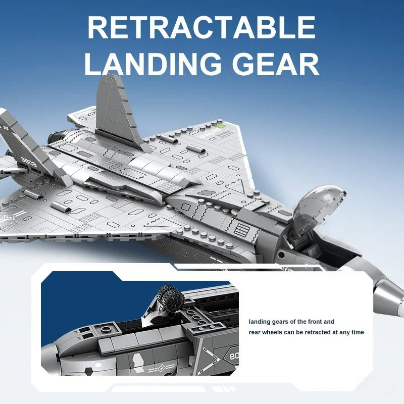 A gray model kit of a fighter jet with retractable landing gear visible, showing the landing gears can be retracted.