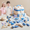 A kids doctor play set featuring medical tools, a stethoscope, and various toy doctor figures on a white surface.