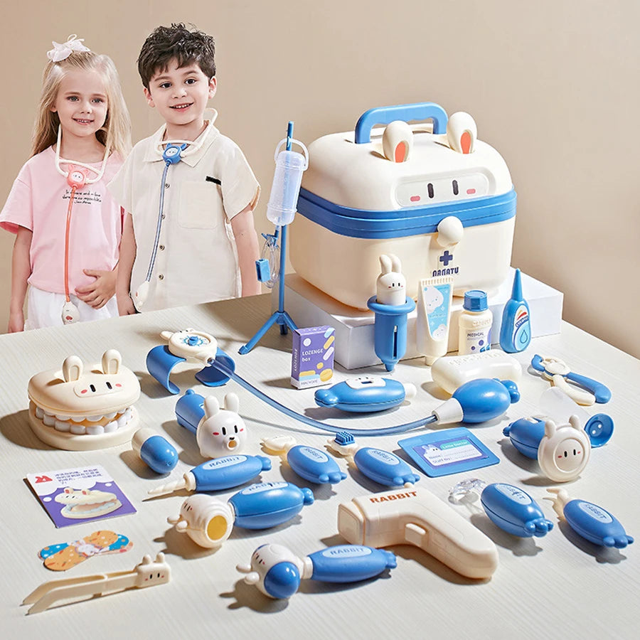 A kids doctor play set featuring medical tools, a stethoscope, and various toy doctor figures on a white surface.