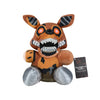 An orange and brown plush toy resembling a stylized fox or canine character with striped ears and an open mouth.
