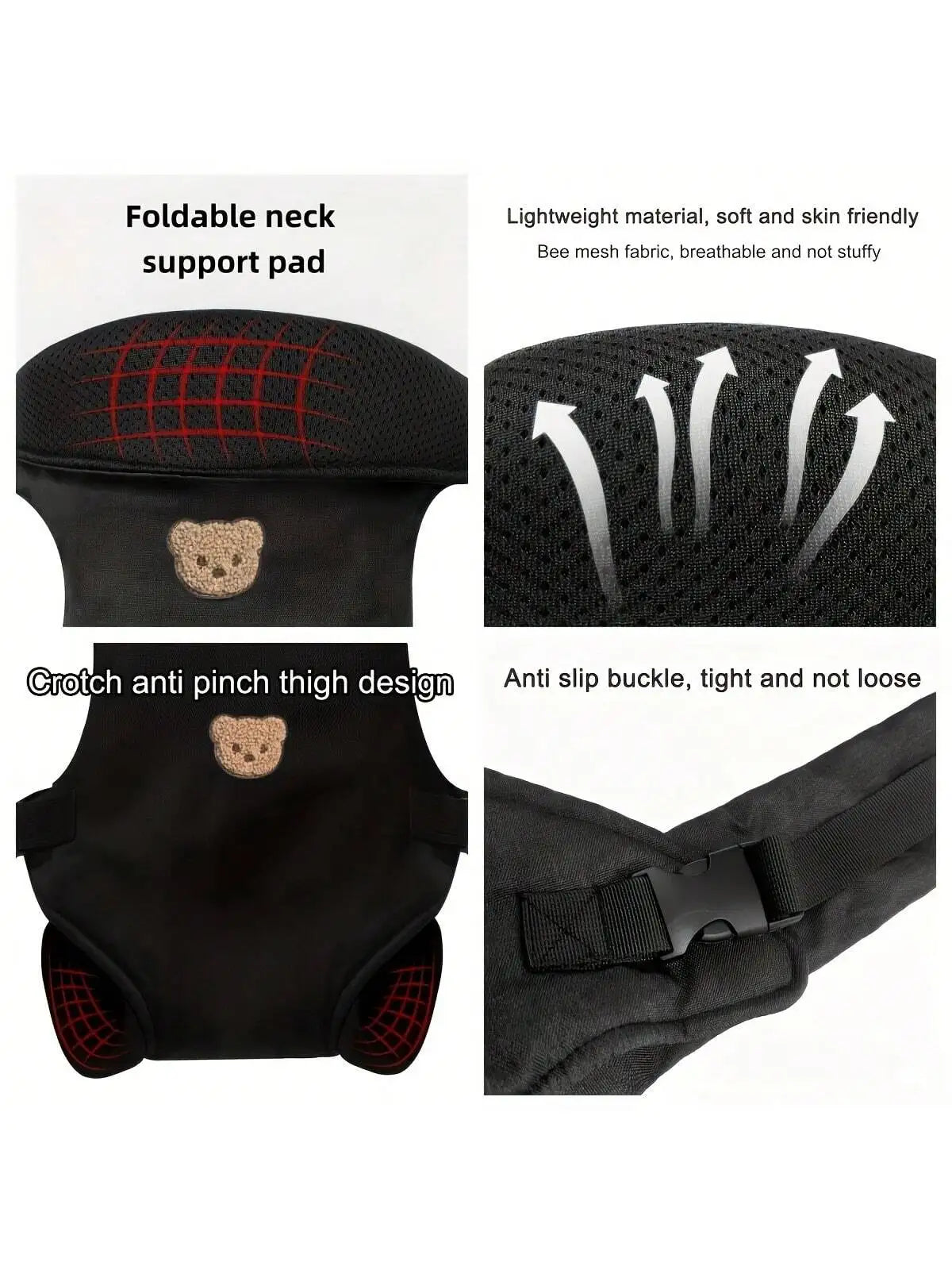 Black baby carrier featuring a foldable neck support pad, anti pinch thigh design, and anti slip buckle.