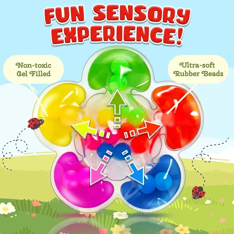 A colorful gel-filled sensory toy with ultra-soft rubber beads in various bright colors.