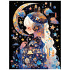 A diamond painting depicts a girl with white hair wearing headphones, surrounded by celestial elements and stars.