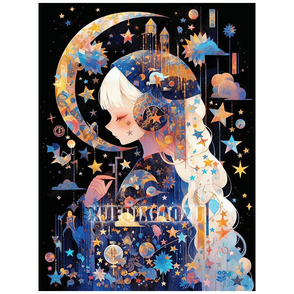 A diamond painting depicts a girl with white hair wearing headphones, surrounded by celestial elements and stars.