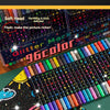 A set of dual-tipped fluorescent markers with a metallic glitter finish laid out on a dark surface.