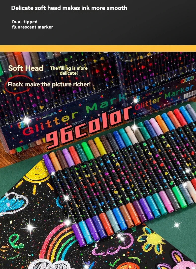 A close-up of a set of dual-tipped glitter art markers in various colors, showing the product name and packaging.
