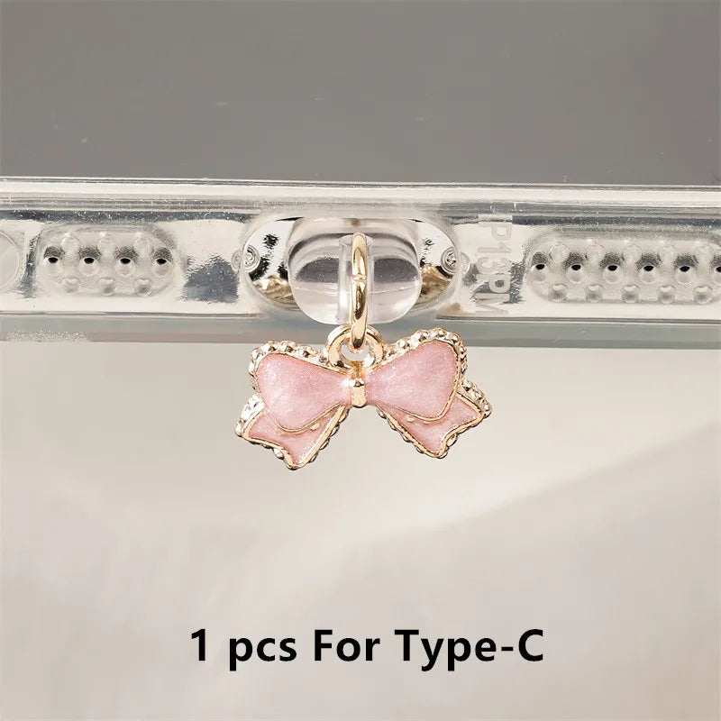 Pink & White Bowknot Phone Dust Plug