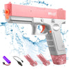 A pink and gray electric battery-powered water gun with a detachable bottle and several plastic water streams.