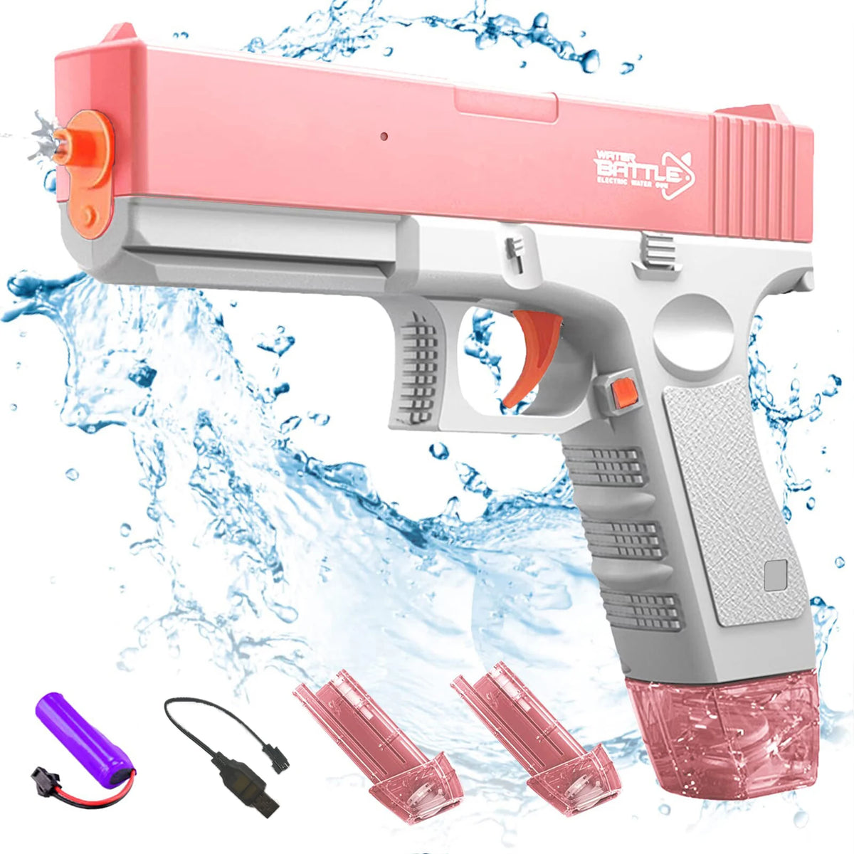 A pink and gray electric battery-powered water gun with a detachable bottle and several plastic water streams.