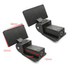 A set of black hinge components for a turntable dust cover, showing various dimensions.