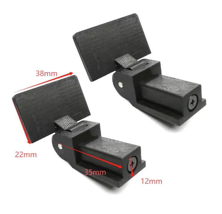 A set of black hinge components for a turntable dust cover, showing various dimensions.