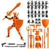 An orange magnetic multi-jointed action figure building set with various accessories and a display stand.