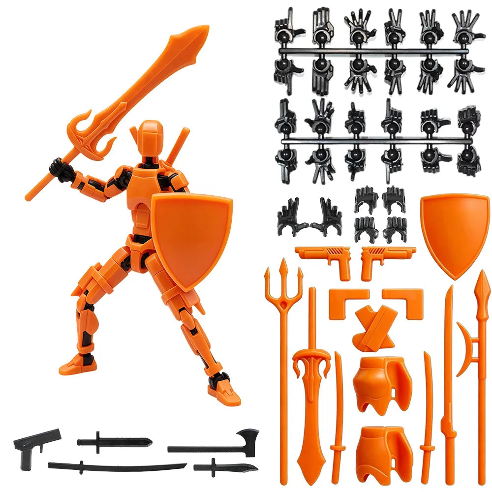 An orange magnetic multi-jointed action figure building set with various accessories and a display stand.