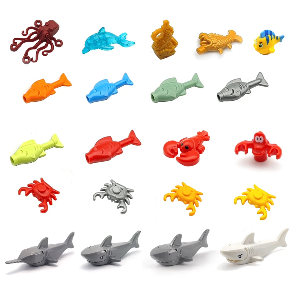 A collection of eight marine creature building blocks in various colors including red, orange, blue, yellow, and gray.