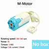 An M-Motor is shown with its wiring and power connector, featuring a white and blue casing.