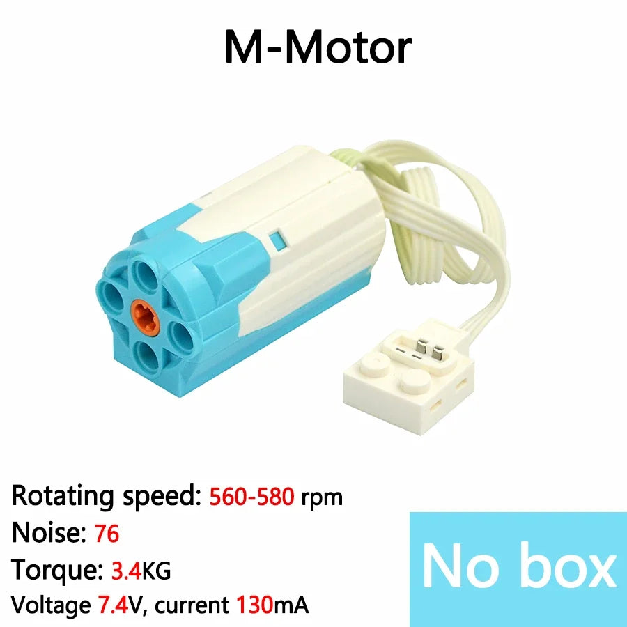 An M-Motor is shown with its wiring and power connector, featuring a white and blue casing.