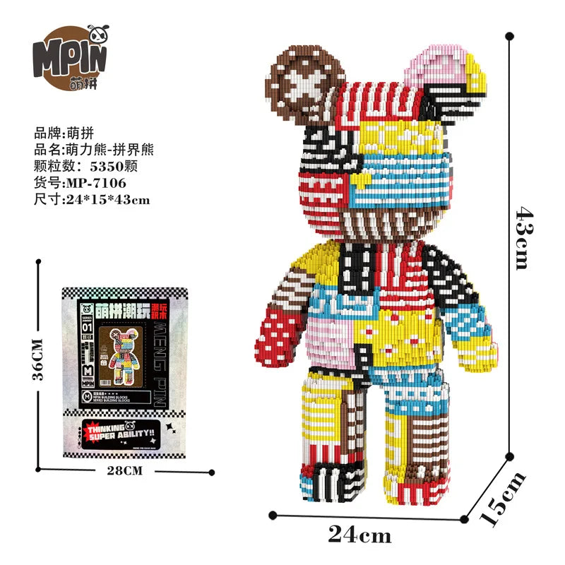 A colorful bear figure made of micro building blocks with striped patterns and various colors.