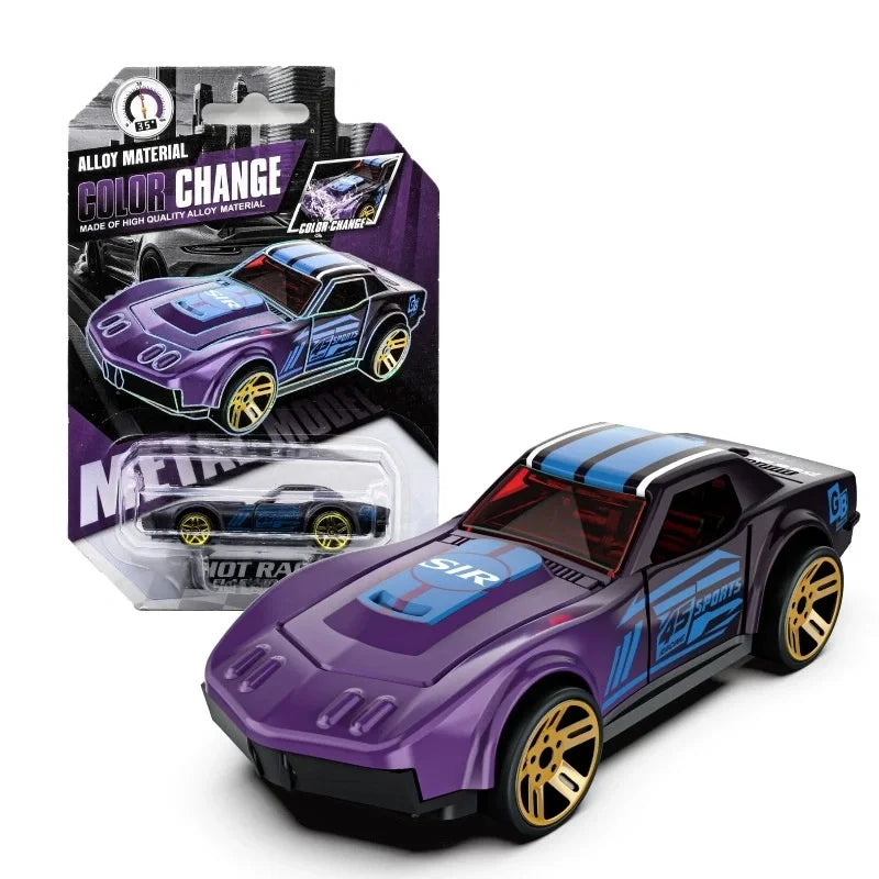 A purple and blue pull-back racing car with gold accents is shown next to its packaging.