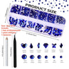 A clear plastic kit containing blue glass rhinestones, a box of rhinestones, a point drill pen, and tweezers for nail art.