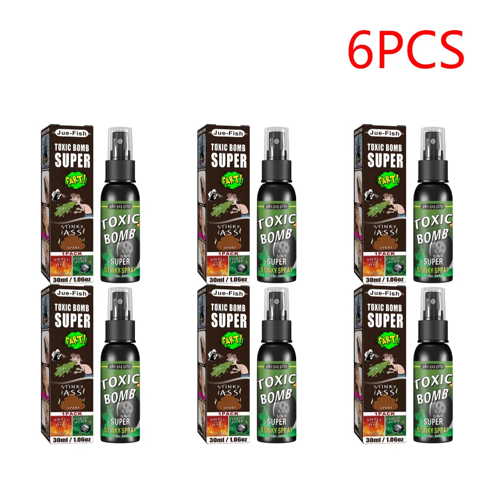 Six packs of Toxic Bomb Super fart spray prank gag products displayed in dark packaging.