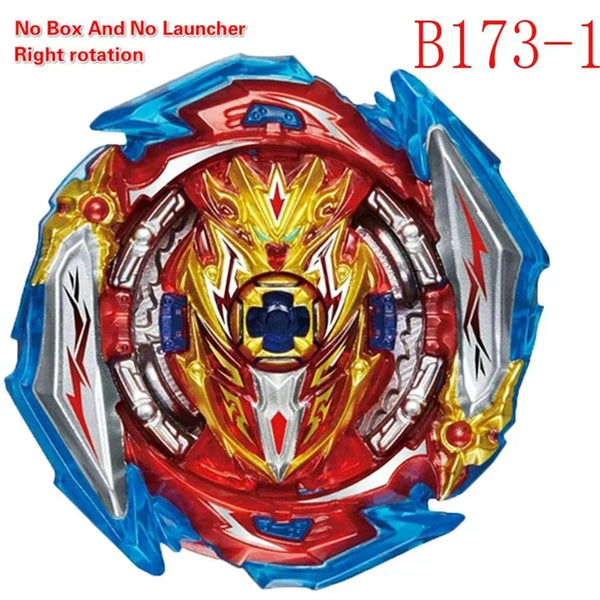 A red and blue spinning metal gyroscope toy with a launcher, showing a right rotation.
