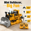 A yellow mini bulldozer RC toy is shown with a remote control, demonstrating spray mist and sound effects.