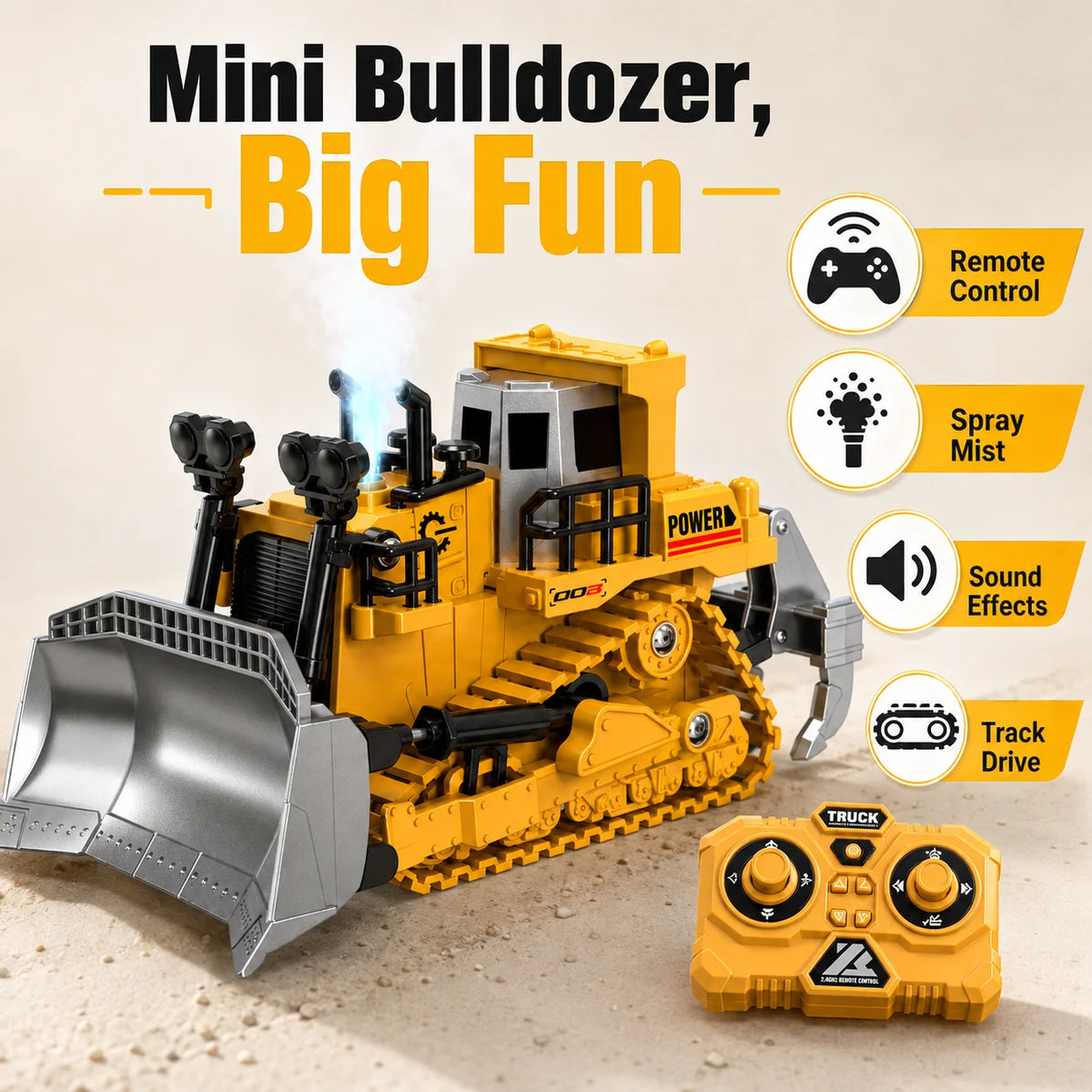 A yellow mini bulldozer RC toy is shown with a remote control, demonstrating spray mist and sound effects.