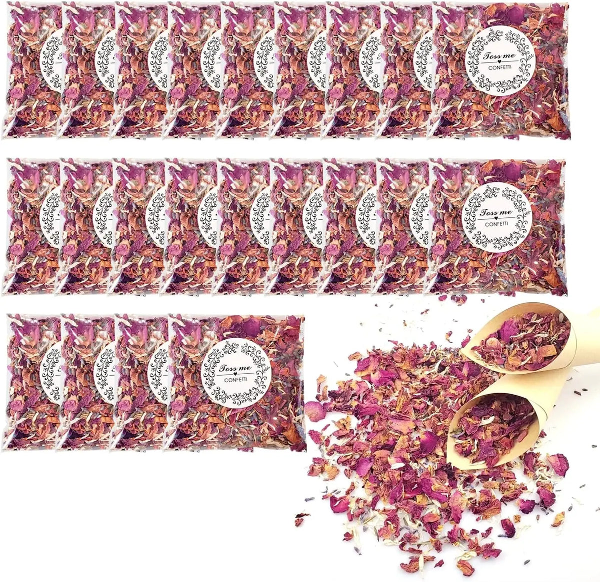 A rectangular package of natural dried rose petal confetti with a decorative label and loose petals scattered below.