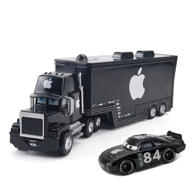 A black diecast toy hauler truck with an Apple logo and a separate black sports car labeled 84.