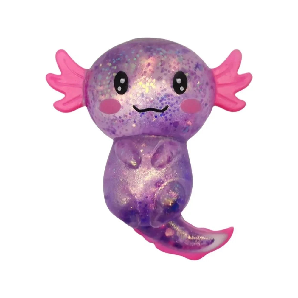 A purple squishy axolotl stress relief fidget toy with pink gills.