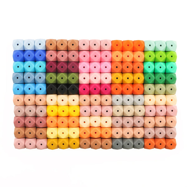 Ett rutnät med 150 hexagonala silikonpärlor i blått, rosa, orange, gult och grönt.