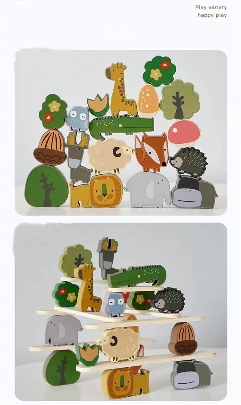 A collection of wooden animal stacking blocks in various colors and shapes for toddlers.