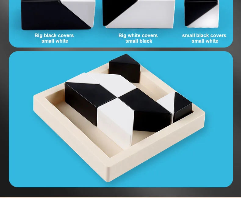 A geometric block puzzle featuring black and white blocks arranged in a light wood storage tray.
