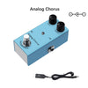 A blue analog chorus effect pedal with knobs for rate and depth, shown next to a cable.