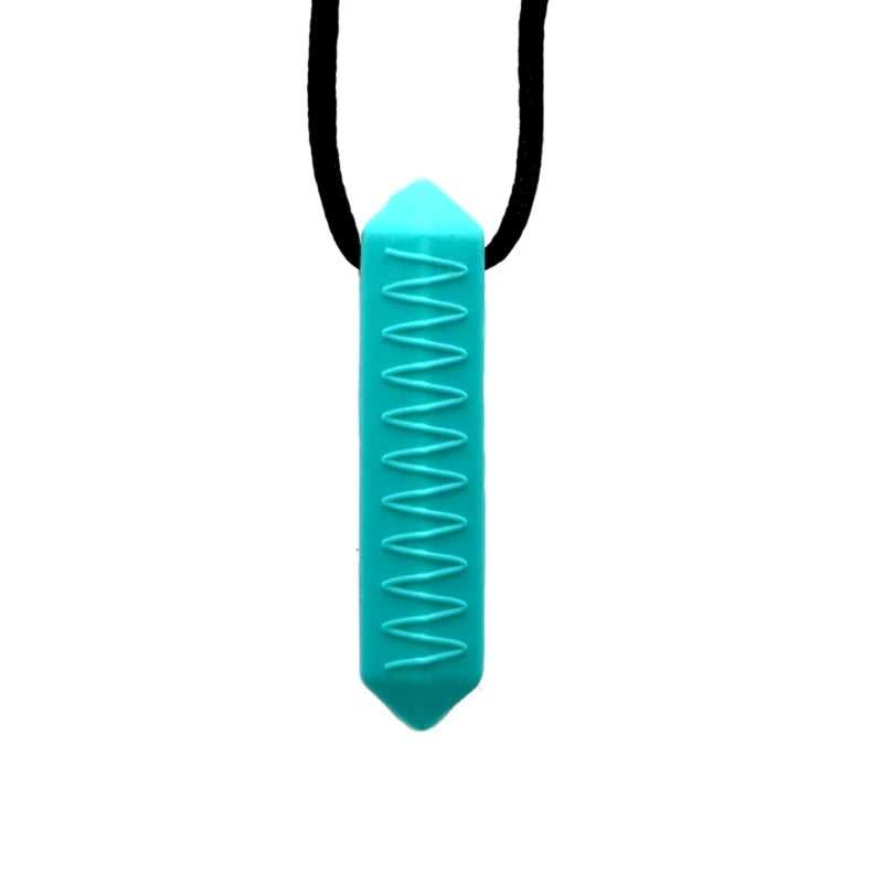 A bright turquoise silicone chew necklace with a black cord.