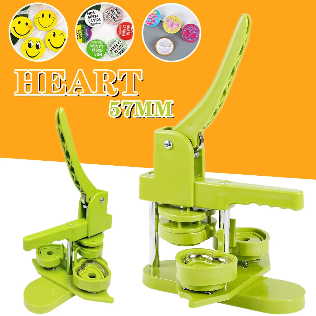 A lime green heart-shaped badge maker tool with interchangeable molds and a stand.