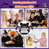 A handmade knitted bat doll is shown with a gift card, surrounded by Halloween-themed graphics.