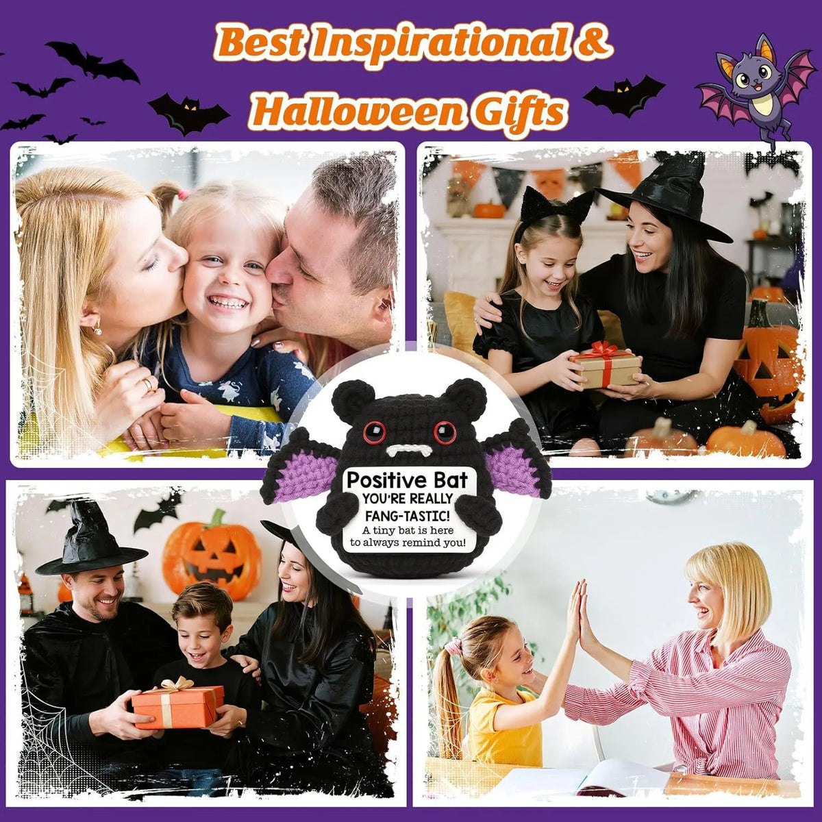 A handmade knitted bat doll is shown with a gift card, surrounded by Halloween-themed graphics.