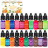 A collection of vibrant colored soap and candle colorants in small glass bottles.