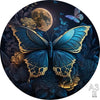 A detailed wooden 3D butterfly puzzle with gold accents set against a dark, moody background.
