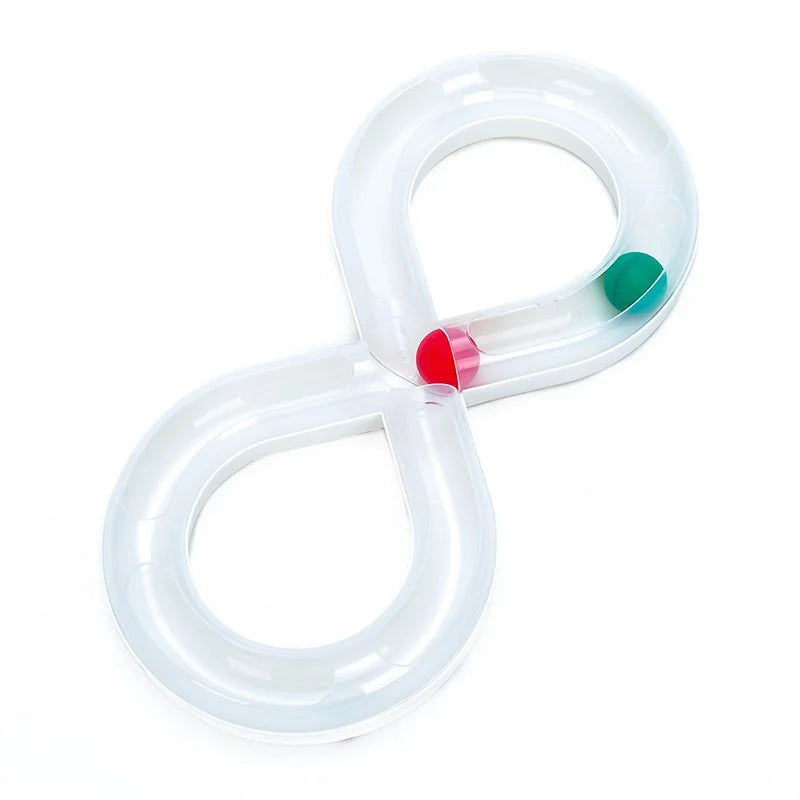 White interactive cat turntable toy with a tunnel and a red teaser wand