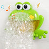 A bright green frog toy with large eyes is emerging from a mass of clear bubbles and musical notes.